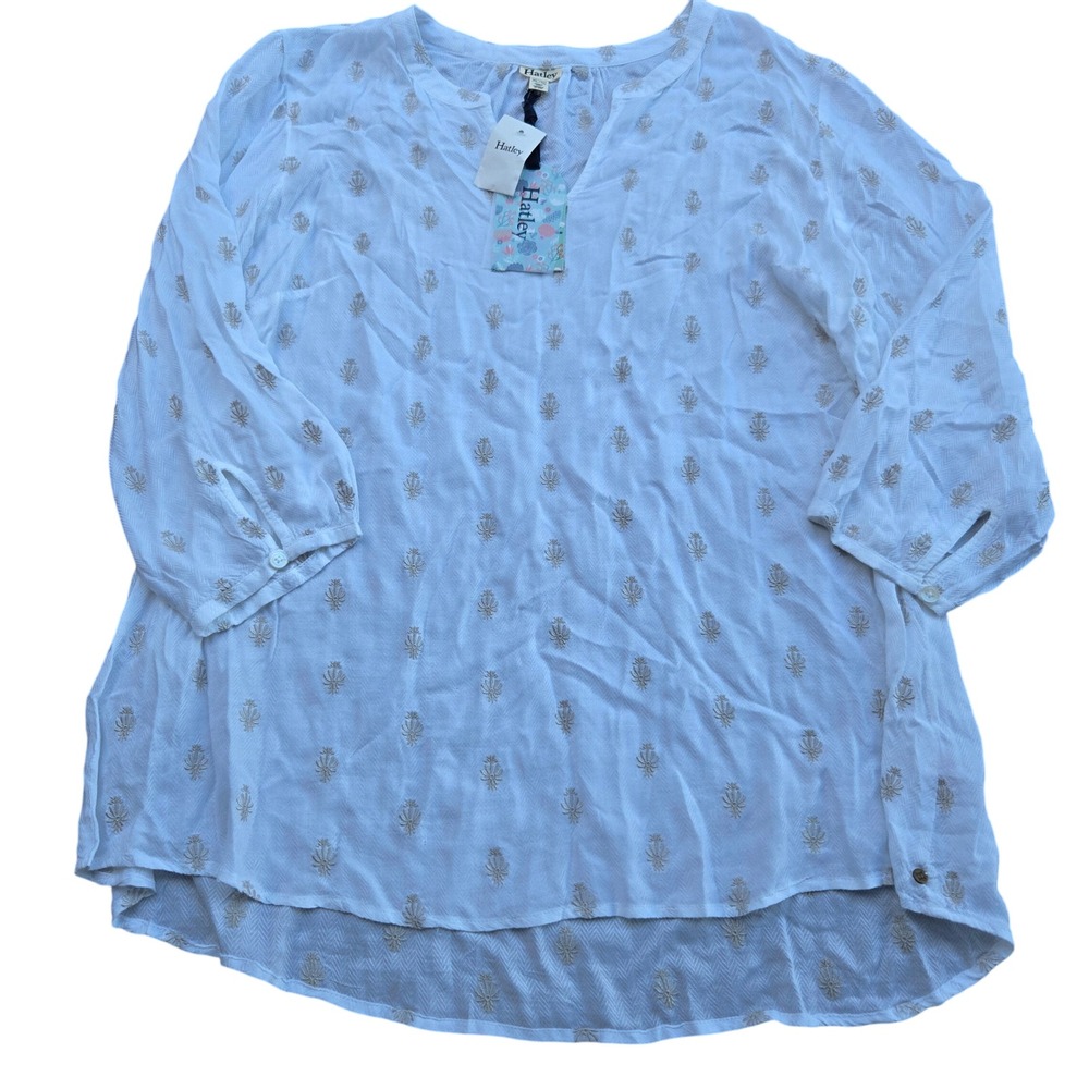 Hatley Womens XL Tunic Top White Gold Floral Embroidered 3/4 Sleeve Blouse NWT